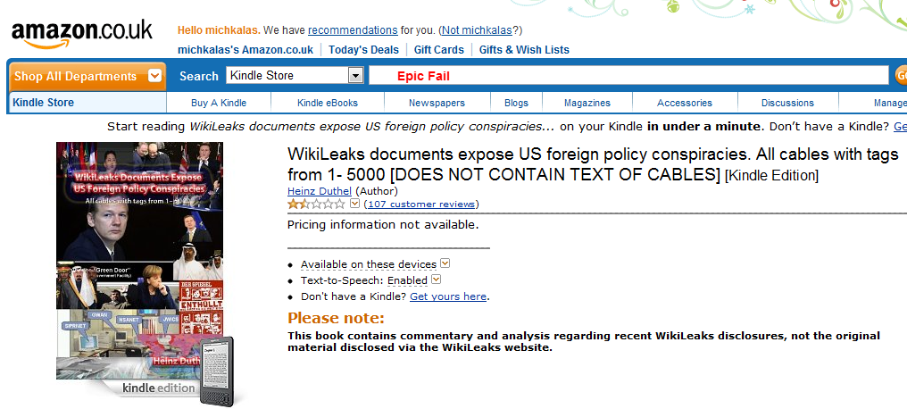 Το Amazon κατέβασε το WikiLeaks, αλλά πουλάει Kindle e-book για τα τηλεγραφήματα
