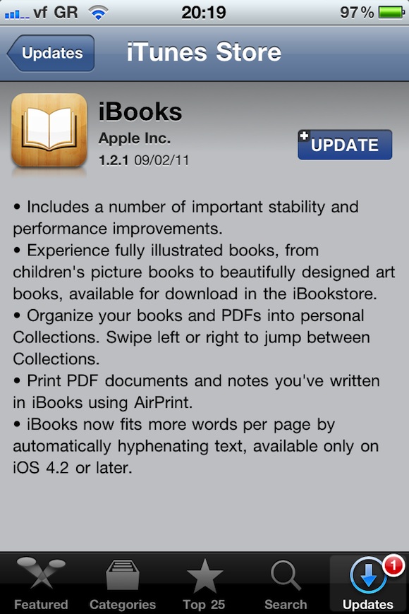 Αναβάθμιση του iBooks σε 1.2.1 – αυτόματος συλλαβισμός μόνο για τα αγγλικά
